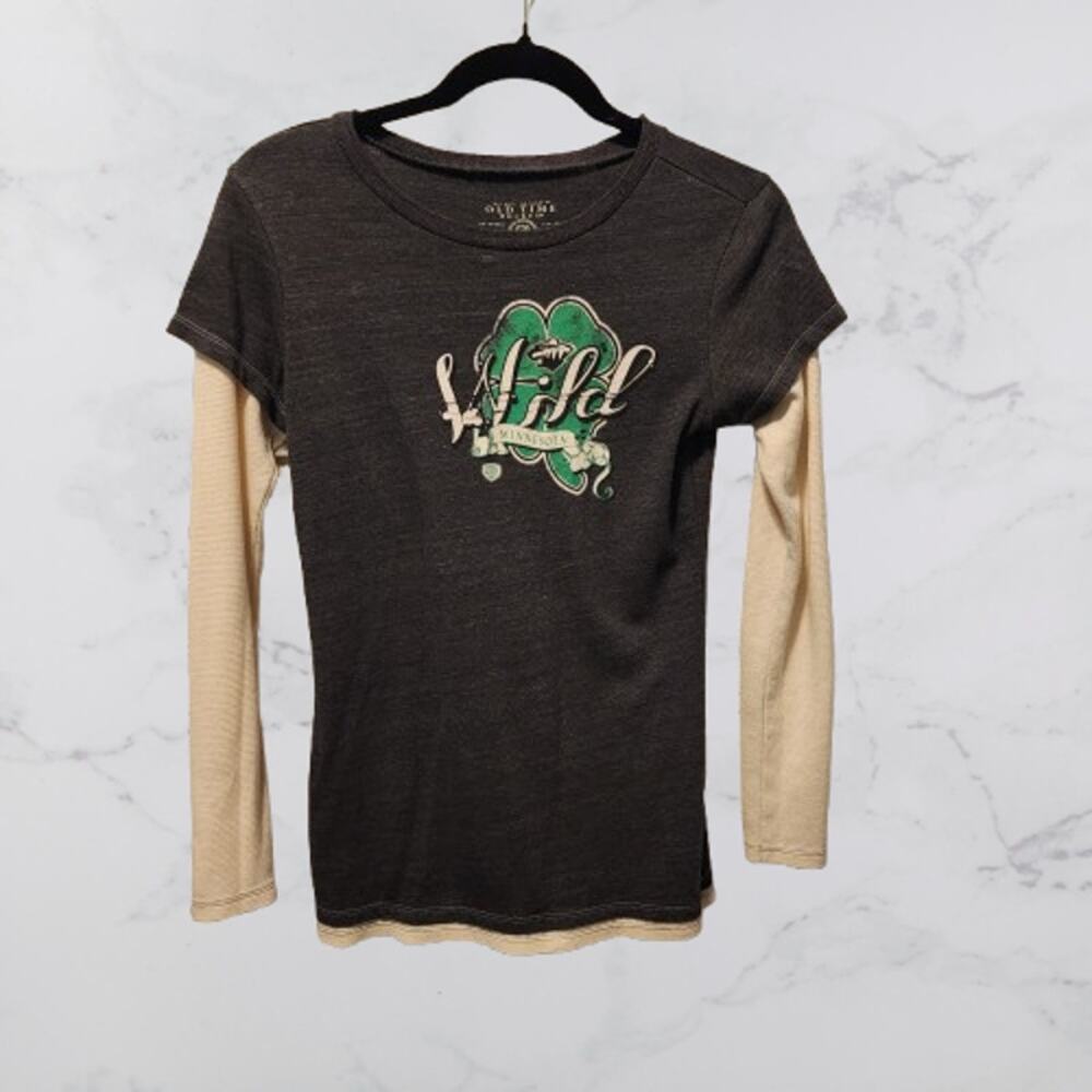 MN Wild NHL Old Time Hockey Small Long Sleeve Thermal Gray Ivory